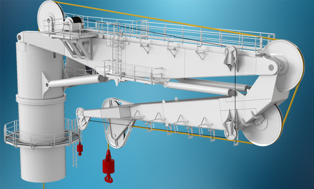 The 150-tonne knuckleboom crane showing the fibre rope CTCU unit that is installed below deck.