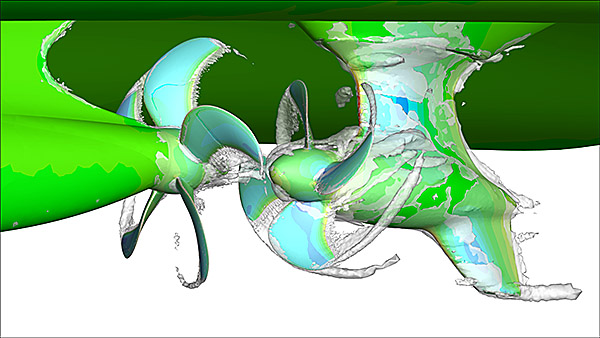 CFD simulation of system at full speed (18knots) in calm water.