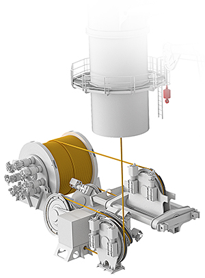 The 150-tonne knuckleboom crane showing the fibre rope CTCU unit that is installed below deck.